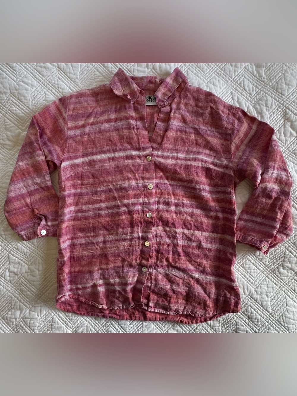 Chico's Design Vintage Linen Button Up Size 1 (Medium) Pink Coral White Striped